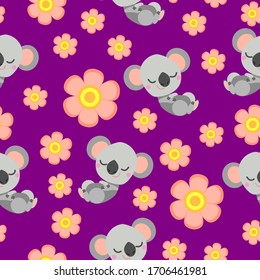 Seamless pattern with sleepy koala baby and pink flowers. Purple background. Flat cartoon style. Cute and funny. For kids postcards, textile, wallpaper and wrapping paper. Summer and spring ornament