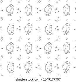 Seamless pattern with sleepy owls, moon and stars. Vector illustration. For children fabric, wrapping paper, wallpaper and cloth.