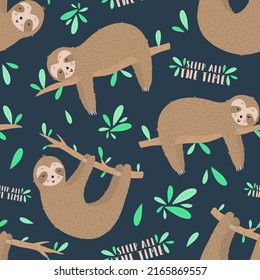 Seamless pattern of sleepy sloths in the night. Hand-drawn illustration of sloth for kids, tropical summer, nursery, textile, texture, print, cover, wallpaper, fabric. Transparent background