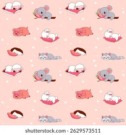 Seamless pattern with Sleepy Time Animal Characters. Cozy Cartoon Bedtime Set	