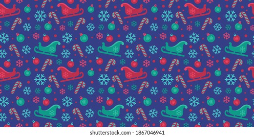 Seamless pattern with sleighs, lollipops, snowflakes.
Symbol of 2021.
Vector illustration for the new year for poster, background or card.