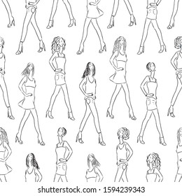 Seamless pattern of slender young women sketches striding on catwalk