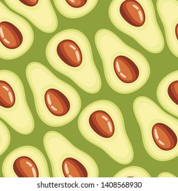 Seamless pattern. Slice of avocados. Half cut juicy avocado. Flat vector illustration. Vegetarian, vegan Healthy organic food.