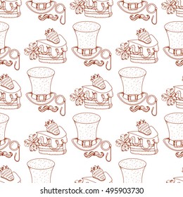 Seamless pattern with a slice of cake with cream and strawberries.