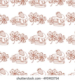 Seamless pattern with a slice of cake with cream and strawberries.