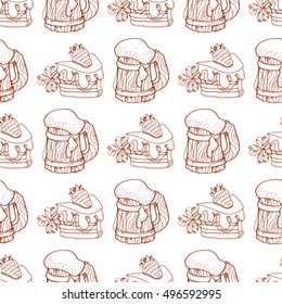 Seamless pattern with a slice of cake with cream and strawberries.
