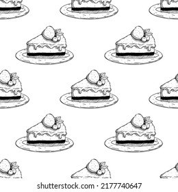 seamless pattern of slice cake with strawberry topping on plate