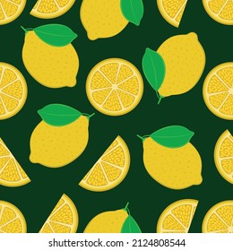 Seamless pattern of a slice of lemon and a whole lemon on a green background.