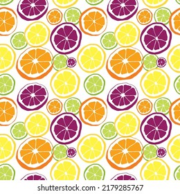 Seamless pattern with slice of lime, lemon, orange and 
grapefruit. Best for textile, wrapping paper, package and farmers market.