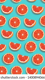 Seamless pattern slice orange fruits on green blue background. Grapefruit vector illustration.