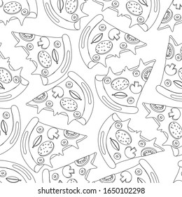 Seamless pattern of slice pizza with champignon mushroom, salami sausage , ring of olives,  tomato and basil leaf. Illustration in doodle and flat style. black and white background for print menu