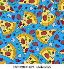 Seamless pattern of slice pizza with chopped champignon mushroom, salami sausage circle, ring olives, semicircle of tomato and basil leaf. Illustration in flat style. Cute blue background for print.