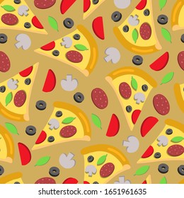 Seamless pattern of slice pizza with chopped champignon mushroom, salami sausage circle, ring of olives, semicircle of tomato and basil leaf. Illustration in flat style. Cute background for print.