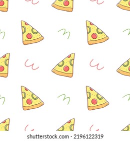 Seamless pattern with a slice of pizza in doodle style on a white background. Vector food illustration background.