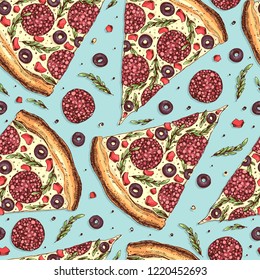 Seamless pattern with slice of pizza. Freehand drawing