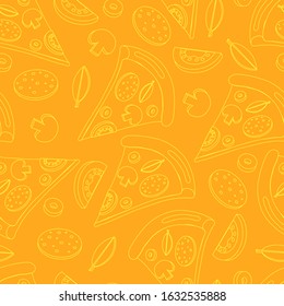 Seamless pattern of slice pizza with mushroom, salami, olives,tomato and basil leaf. Illustration in doodle and flat style. Yellow light line on orange background.  Illustration for print on paper.