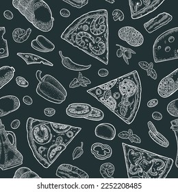 Seamless pattern slice pizza Pepperoni, Hawaiian, Margherita, Mexican, Seafood, Capricciosa with ingredients. Vintage vector monochrome engraving illustration for poster, menu, box. Isolated on black