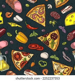 Seamless pattern slice pizza Pepperoni, Hawaiian, Margherita, Mexican, Seafood, Capricciosa with ingredients. Vintage vector color engraving illustration for poster, menu, box. Isolated on black