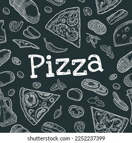 Seamless pattern slice pizza Pepperoni, Hawaiian, Margherita, Mexican, Seafood, Capricciosa with ingredients. Vintage vector color engraving illustration for poster, menu, box. Isolated on white