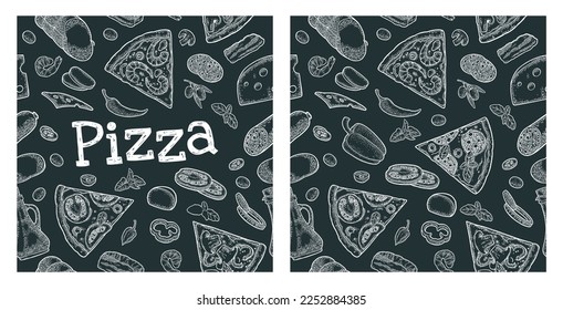 Seamless pattern slice pizza Pepperoni, Hawaiian, Margherita, Mexican, Seafood, Capricciosa with ingredients. Vintage vector white engraving illustration for poster, menu, box. Isolated on black