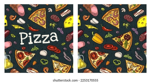 Seamless pattern slice pizza Pepperoni, Hawaiian, Margherita, Mexican, Seafood, Capricciosa with ingredients. Vintage vector color engraving illustration for poster, menu, box. Isolated on black