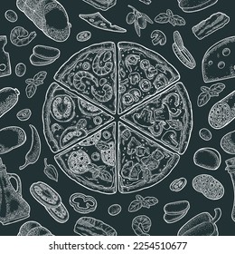 Seamless pattern slice pizza Pepperoni, Hawaiian, Margherita, Mexican, Seafood, Capricciosa with ingredients. Vintage vector monochrome engraving illustration for poster, menu, box. Isolated on black