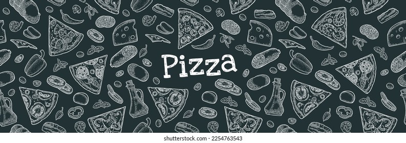 Seamless pattern slice pizza Pepperoni, Hawaiian, Margherita, Mexican, Seafood, Capricciosa with ingredients. Vintage vector white engraving illustration for poster, menu, box. Isolated on black