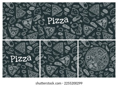 Seamless pattern slice pizza Pepperoni, Hawaiian, Margherita, Mexican, Seafood, Capricciosa with ingredients. Vintage vector white engraving illustration for poster, menu, box. Isolated on black