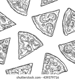 Seamless Pattern slice pizza. Vintage vector engraving illustration for poster, menu, box. Isolated on white background.