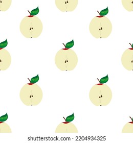 Seamless pattern with slice of ripe red apple on white background. Beautiful print fo kitchen wallpaper with apples. Vector illustration with set of red fruits.