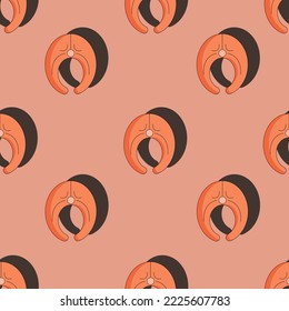 Seamless pattern with slice of salmon on orange background. Vector illustration in the style of flat with slice of red fish. Print for kitchen wallpaper.