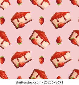 Seamless pattern with slice of strawberry cheesecake. Vector illustration.