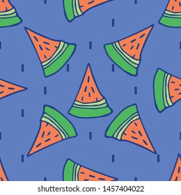 Seamless pattern with slice of watermelon on blue background. Summer fresh wallpaper.