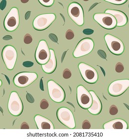 Vocado en lonas sin soldadura, hojas y semillas sobre fondo caqui, ilustración vectorial para papel de envolvimiento, tarjetas de felicitación, papel de pared, tela