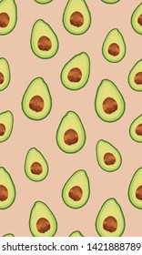 Seamless pattern sliced avocado on rose gold background, Vector illustration