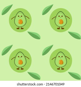 Seamless pattern and sliced avocado on bright green background vector illustration and green leaves.