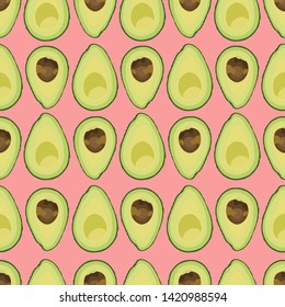 Seamless pattern sliced avocado with seed on pink background, Vector illustration