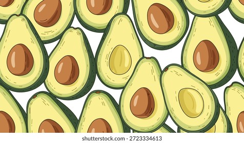 O padrão contínuo de abacates fatiados com suas fossas intactas cria um design saudável e vibrante com temática alimentar para várias aplicações.