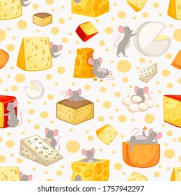 Seamless pattern sliced cheese and mice in cartoon style, pattern cute animal, food, design, flat style vector illustration. happy rat, funny drawing, background for printing on paper and fabric.