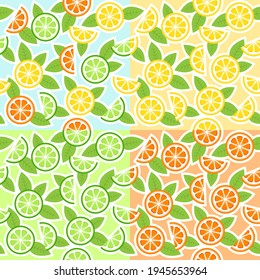 Nahtloses Muster mit geschnittenen Zitrusfrüchten mit Blättern. Zitrone, Orange, Kalk und eine Mischung aus allen. Vier in eins. Frisch und farbig