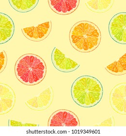 Seamless pattern with sliced citrus. Yellow background.