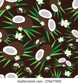 Seamless pattern of sliced coconut, leaves and flowers
