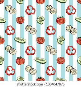 Seamless pattern with sliced cucumbers, tomatoes, bell peppers and eggplants on light blue and white striped background. Endless texture with fresh vegetable slices for your design