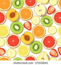 Seamless pattern with sliced fresh fruits and berries on white background