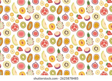 Seamless pattern with sliced fruits in minimal flat style on white background. Perfect for packaging, fabric, wrapping paper, and web design.