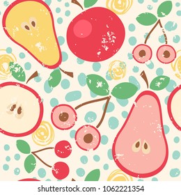 Seamless pattern with sliced fruits in retro colors. Vector illustration with pears, apples and cherries.