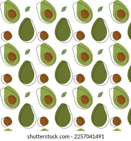 Nahtloses Muster mit geschnittenem grünem Avocado. Lebensmittelhintergrund. Ökokonzept. Vektorgrafik für Einladungen, Plakate, Karten, Gewebe, Textilien, Bekleidung und Verpackungen. Hintergrund für den Lebensmittelgeschäft. 