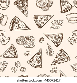 Seamless pattern with sliced italian pizza sketches with cheese, pepperoni, salami, mushrooms, tomatoes, olives Vintage illustration for design menus, recipes and packages product.