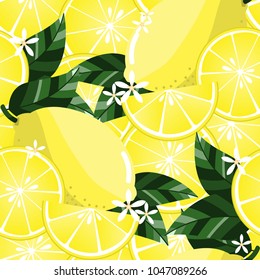 Seamless pattern with sliced lemon, flower and leaves. Vector illustration.