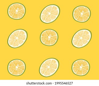 Patrón sin foco de limón cortado sobre fondo amarillo. La decoración de la comida y la bebida. Cerrar el vector de cal sobre blanco. Dibujo vectorial de ingredientes alimentarios realistas.   